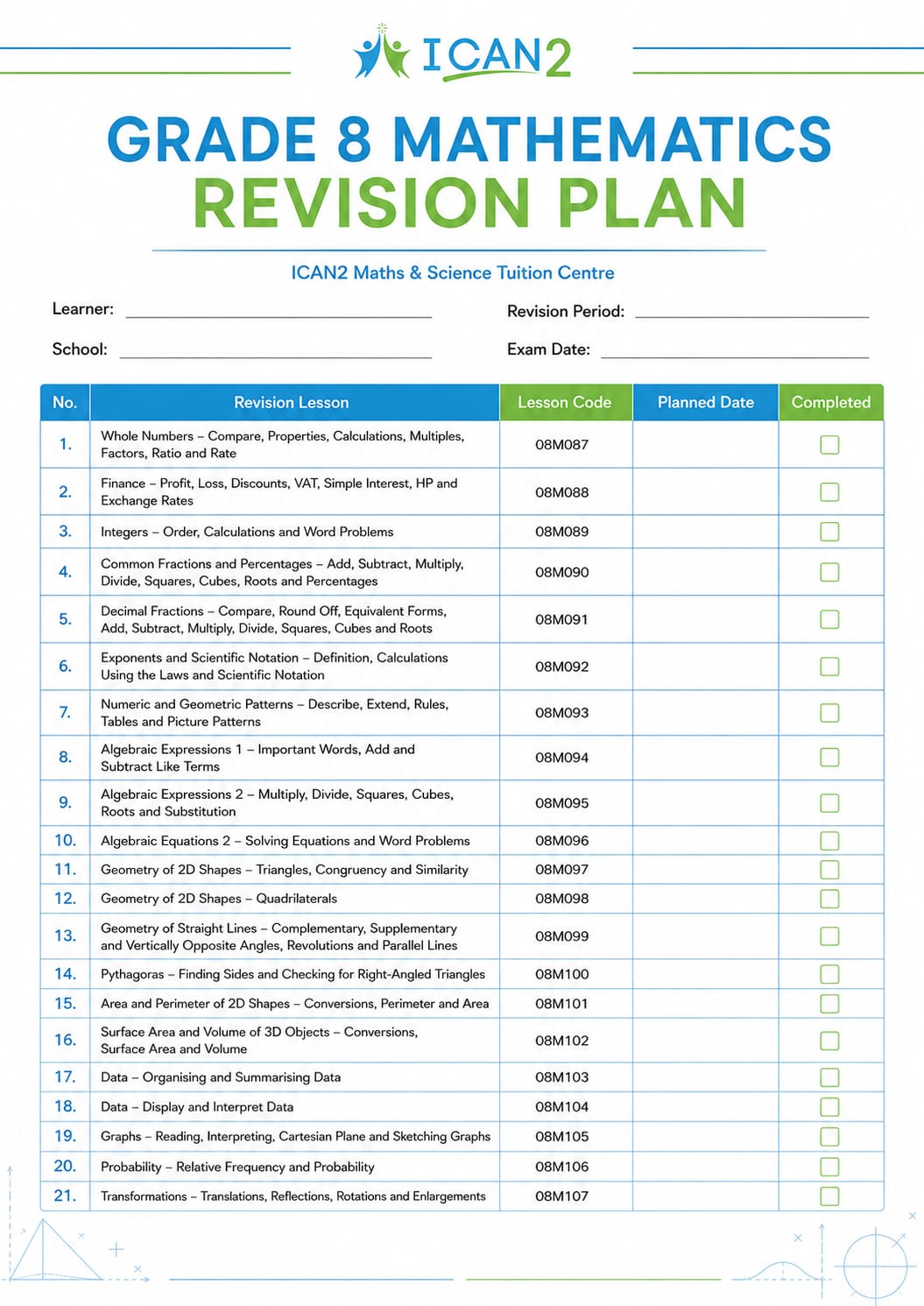 Grade 8 Mathematics revision plan checklist
