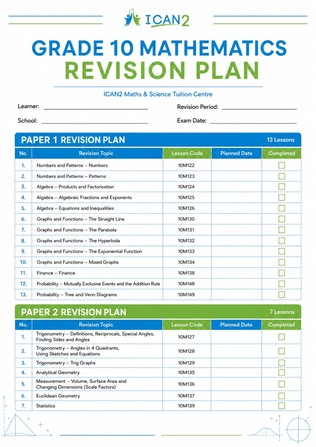 Grade 10 Mathematics revision plan checklist