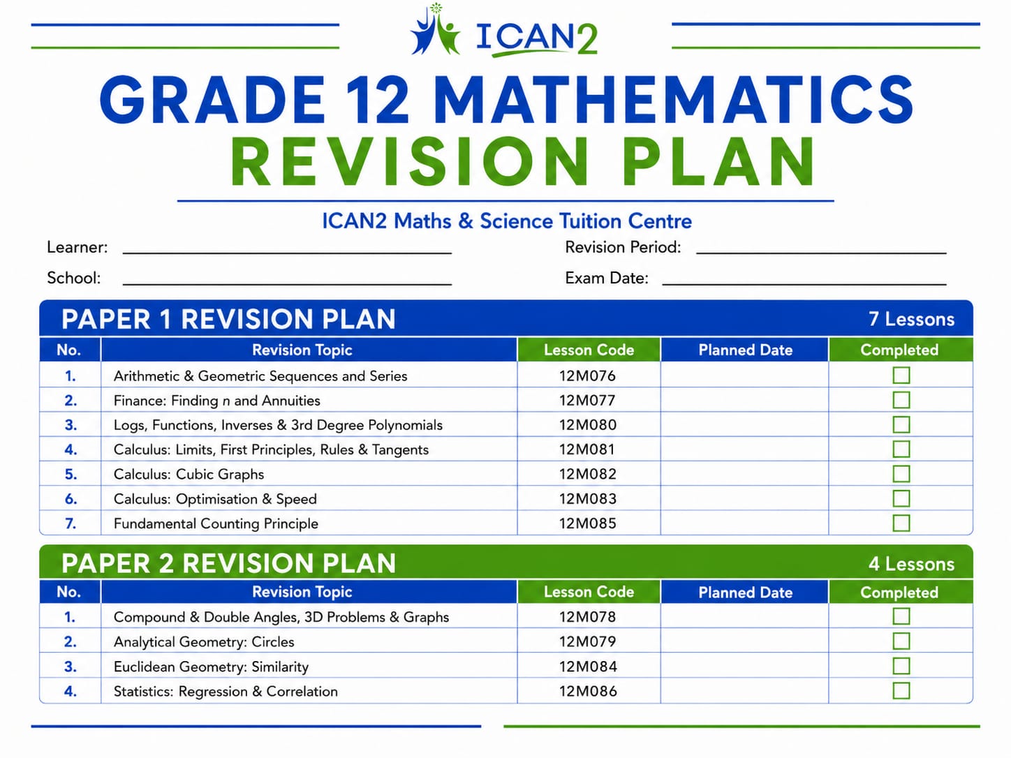 Grade 12 Mathematics revision plan checklist