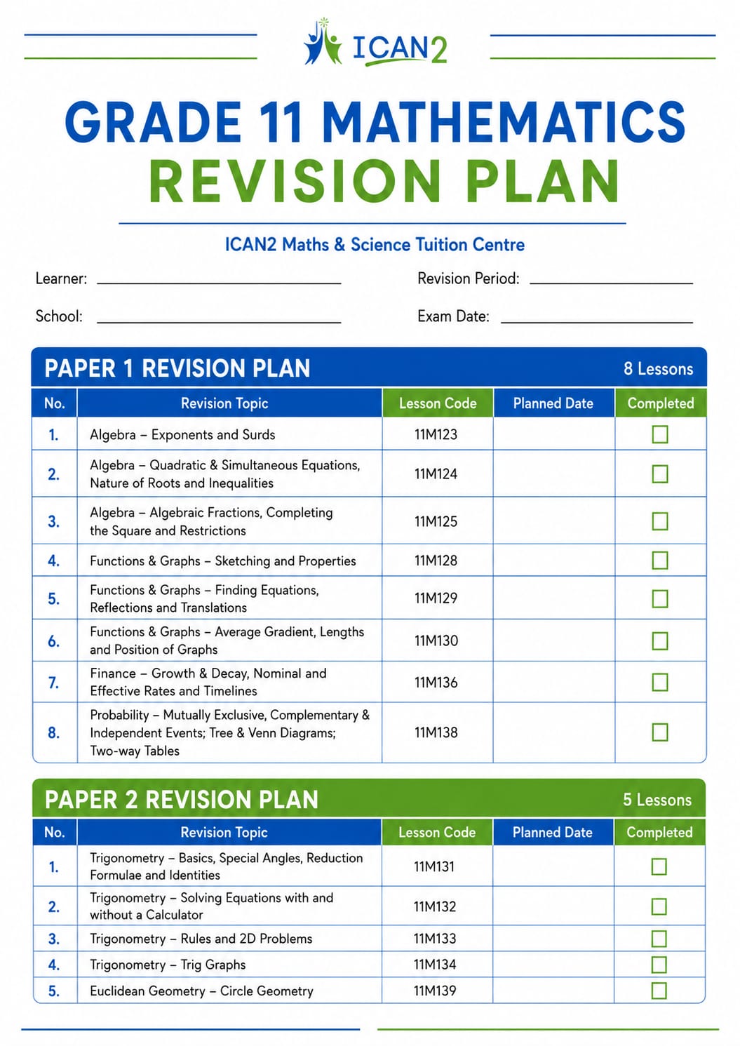 Grade 11 Mathematics revision plan checklist