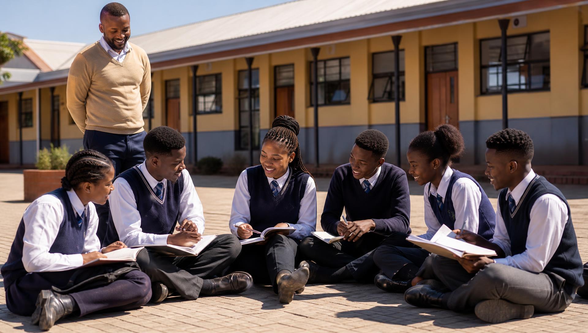Black South African high school learners studying in a circle on a school playground with a tutor watching over them